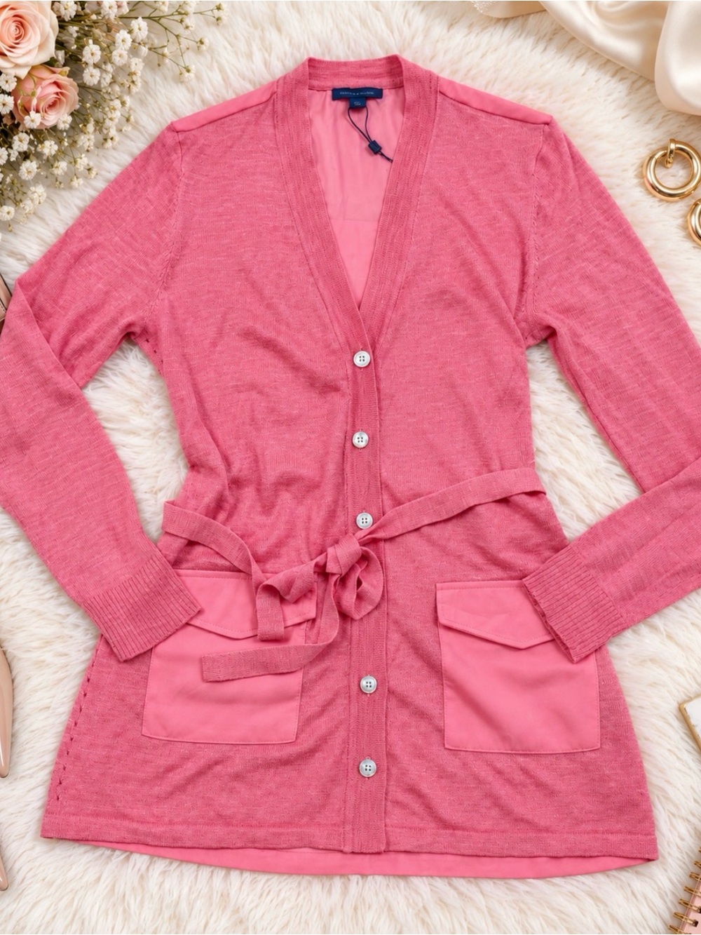Pink Belted Longline Cardigan Sweater Office Chic Business Casual